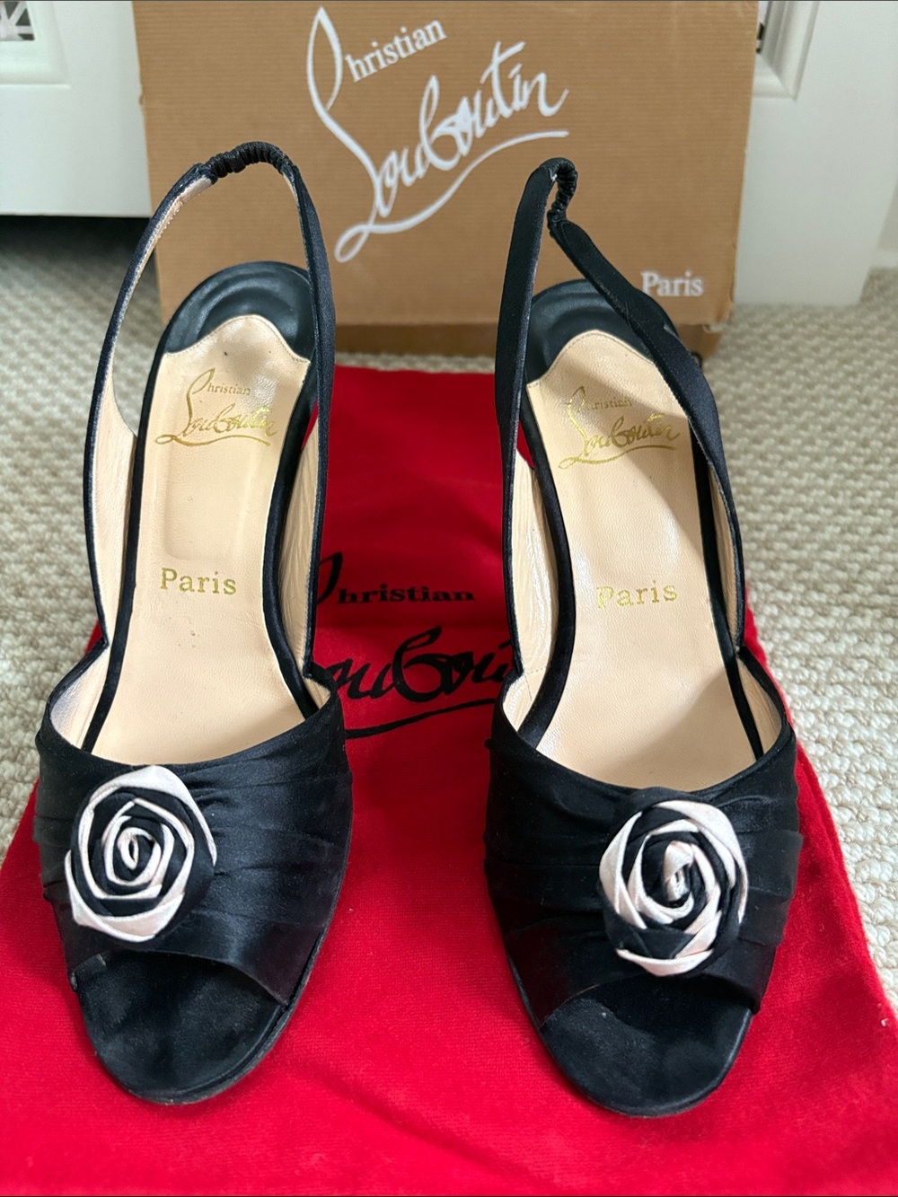 Christian Louboutin Guitoune Flower Black Satin Slingback Peep-Toe Heels Size 39